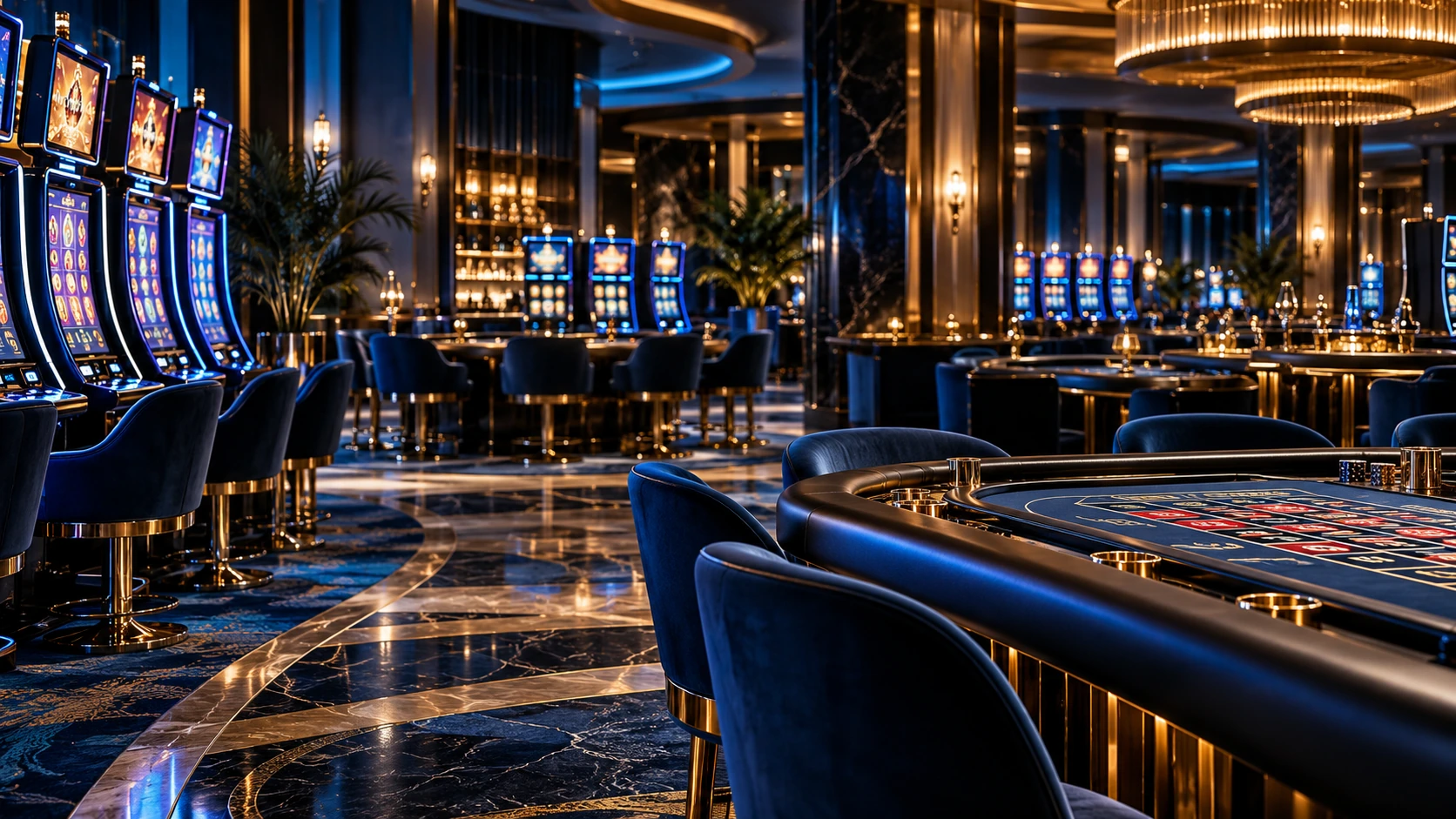 Illustrative Las Vegas-style casino interior with slot machines and gaming tables