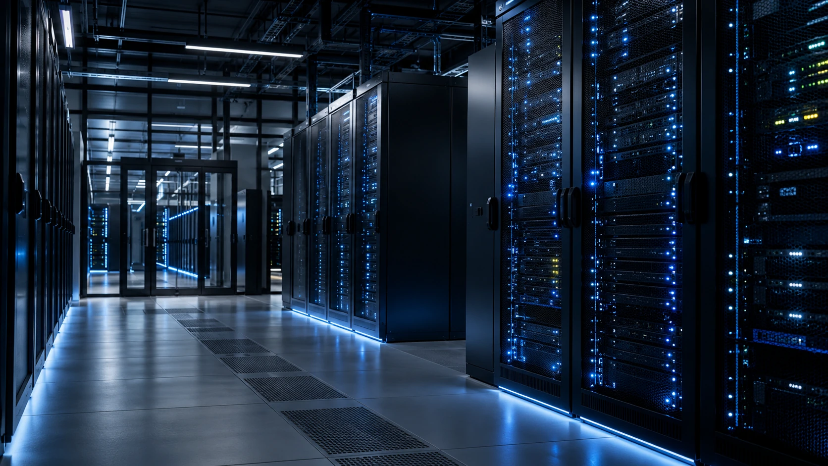 Illustrative high-security data center with blue-lit server racks