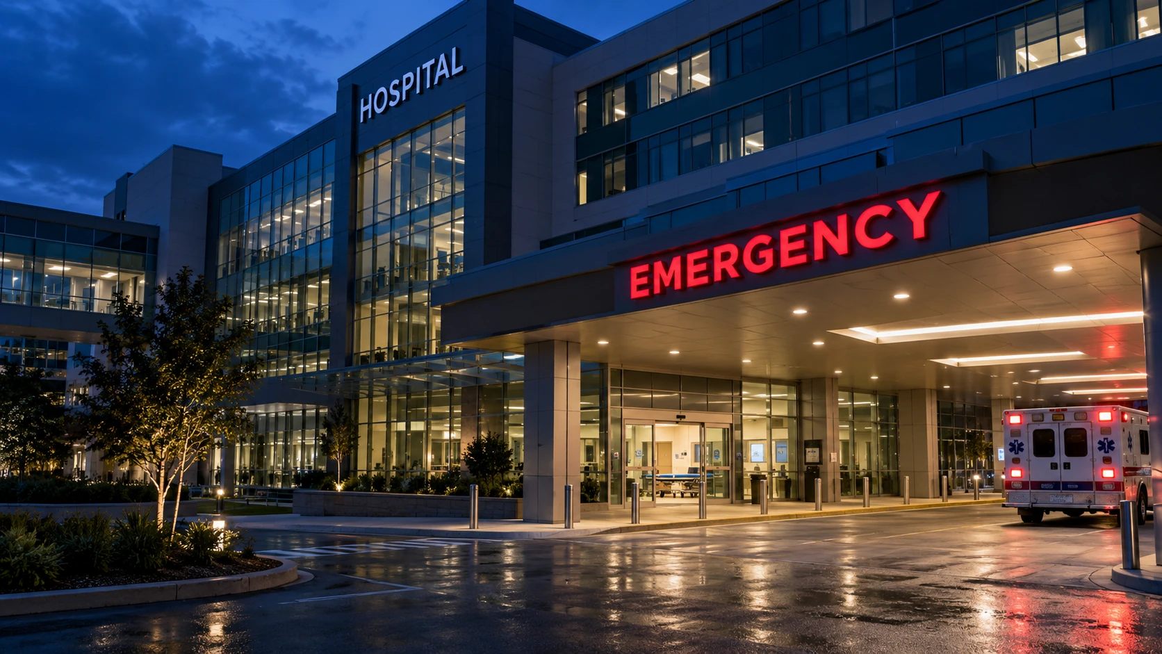 Illustrative hospital emergency department entrance with visible hospital signage and ambulance