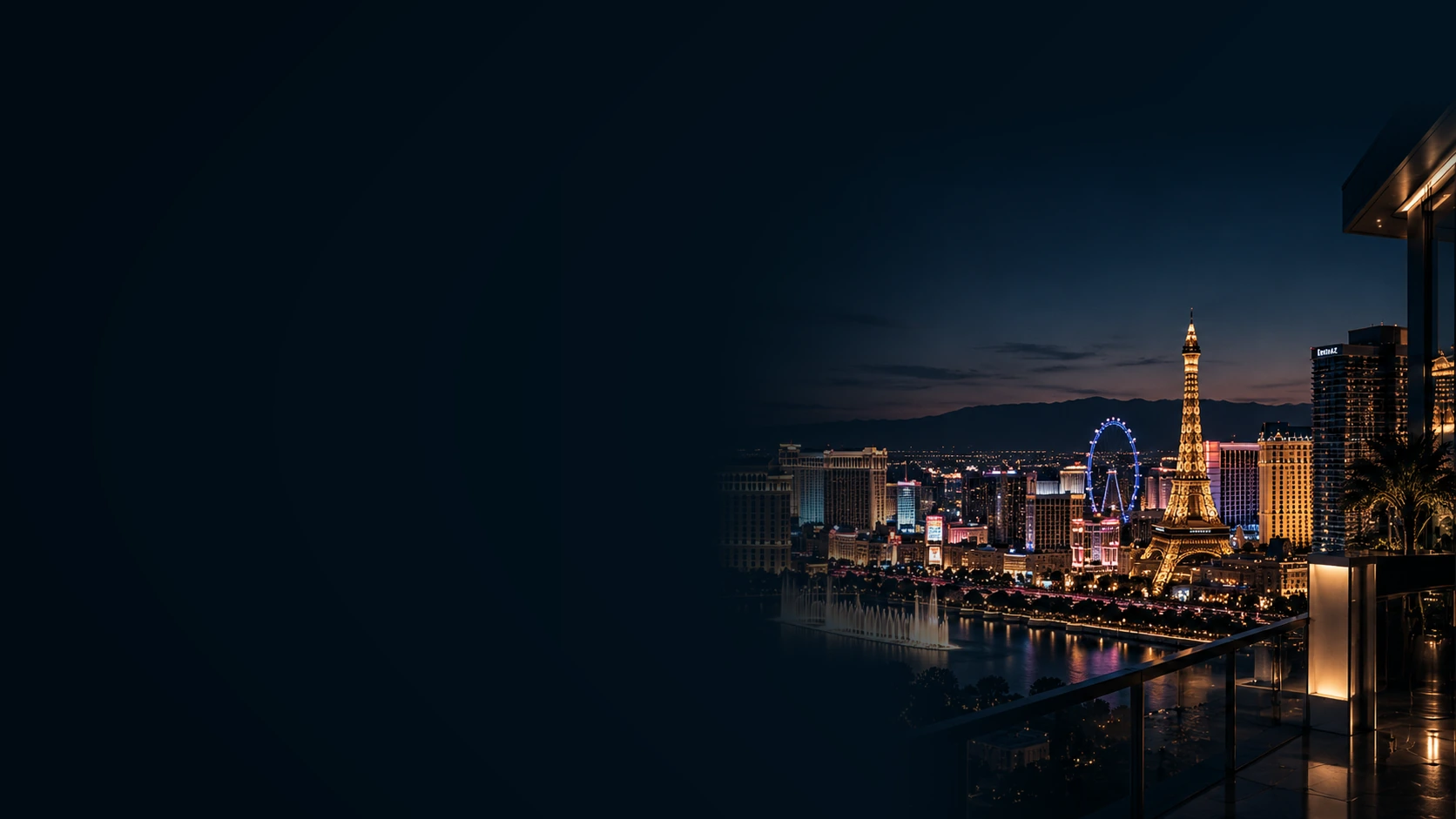 Las Vegas skyline at dusk, including the Bellagio fountains and Paris Las Vegas